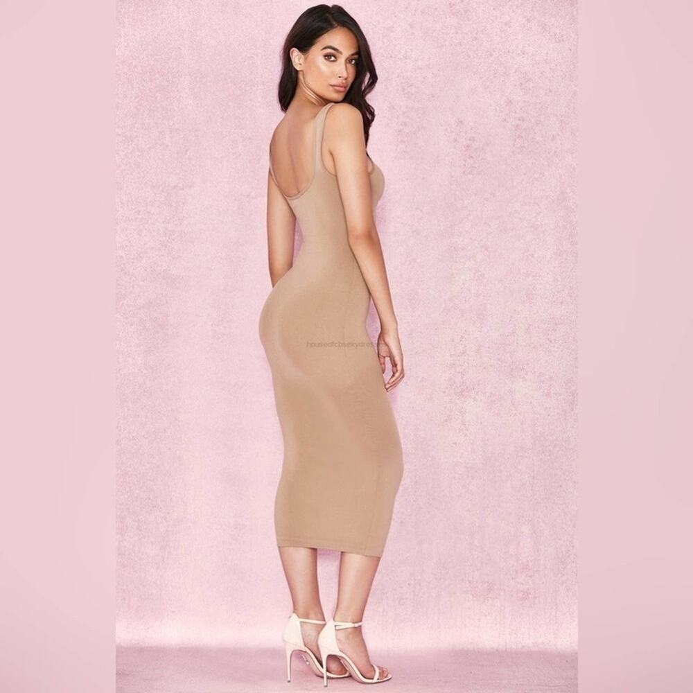 HOUSE OF CB NWT Tomlin Tan Nude Beige Bodycon Slinky Stretch Sculpted Midi Dress